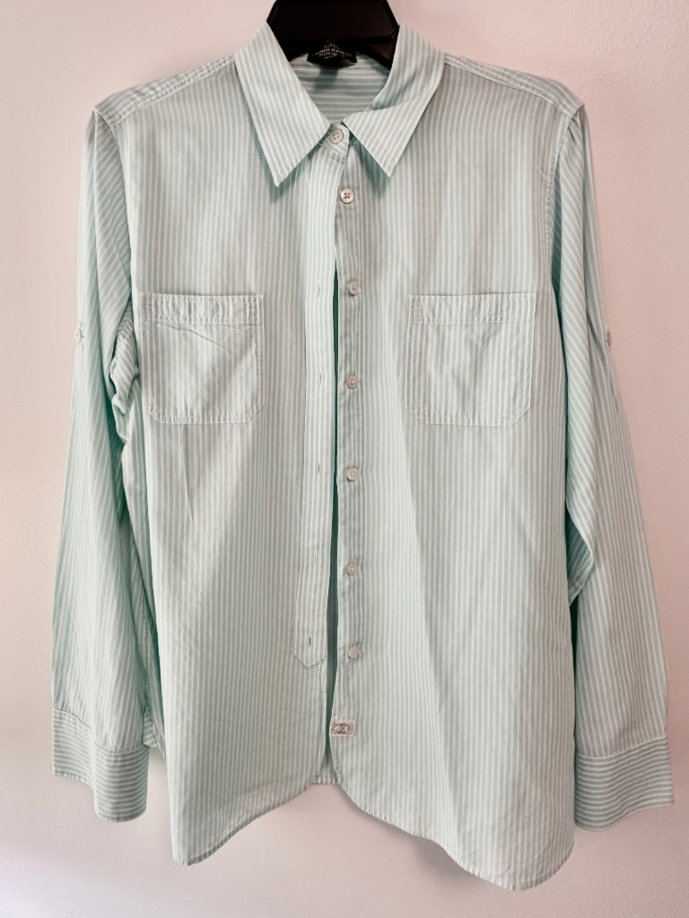 Lauren Ralph Lauren LRL Button Down Lightweight Large Green Stripe Cotton Blouse